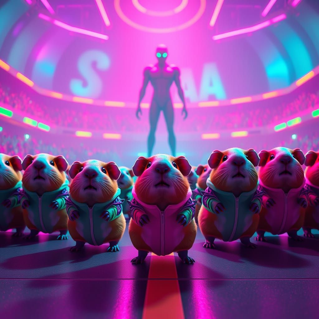 Frozen Guinea Pigs in Neon Arena Anticipate Red Light, Green...