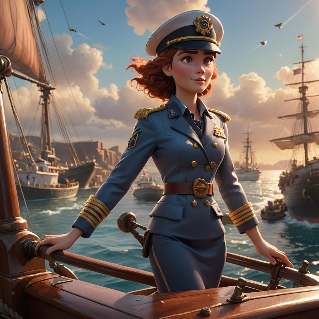 Female Captain at Port: Pixar-Style 3D Digital Art