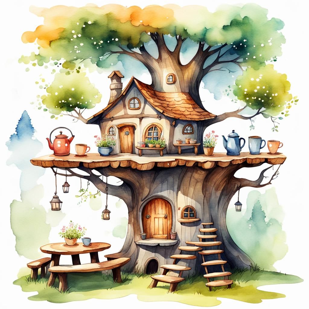 Charming Fairy-Tale House in Tree Trunk, Watercolor Sketch