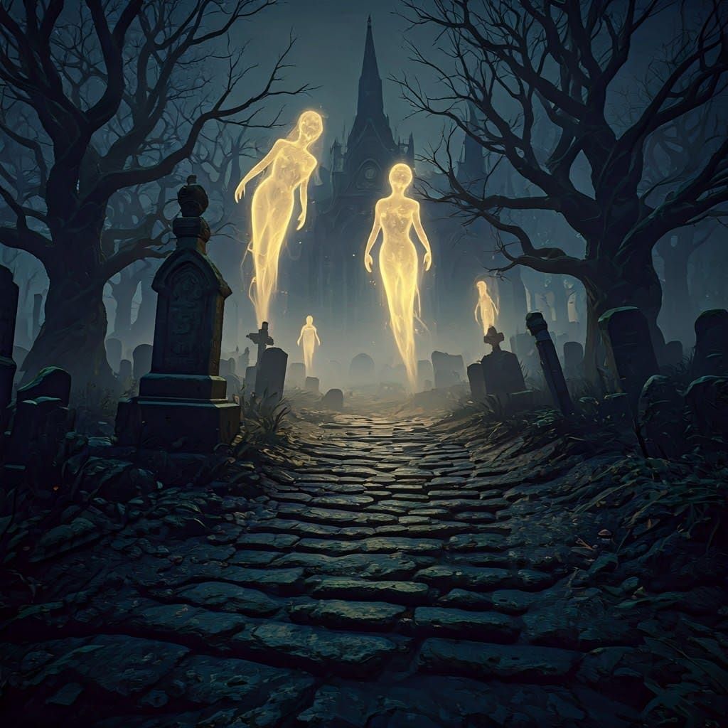 Ethereal Spirits Ascend from a Misty Graveyard