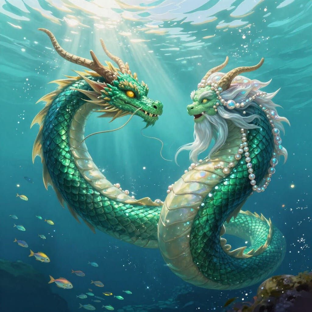 Emerald Dragon and Sea Serpent Friendship in Turquoise Ocean