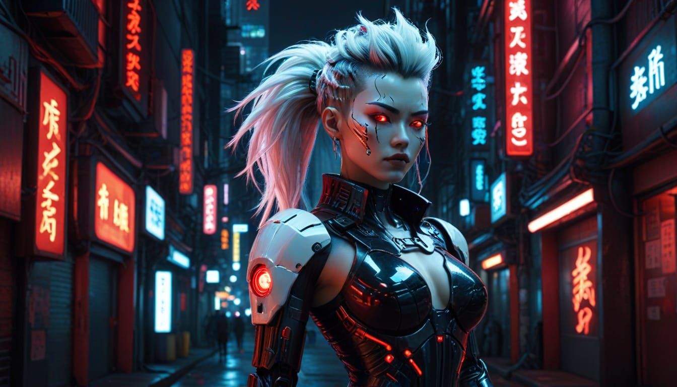 Cyberpunk Cyborg Pinup in Futuristic City