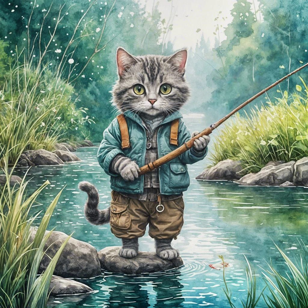 Grey Tabby Cat Fisherman in Watercolour Style
