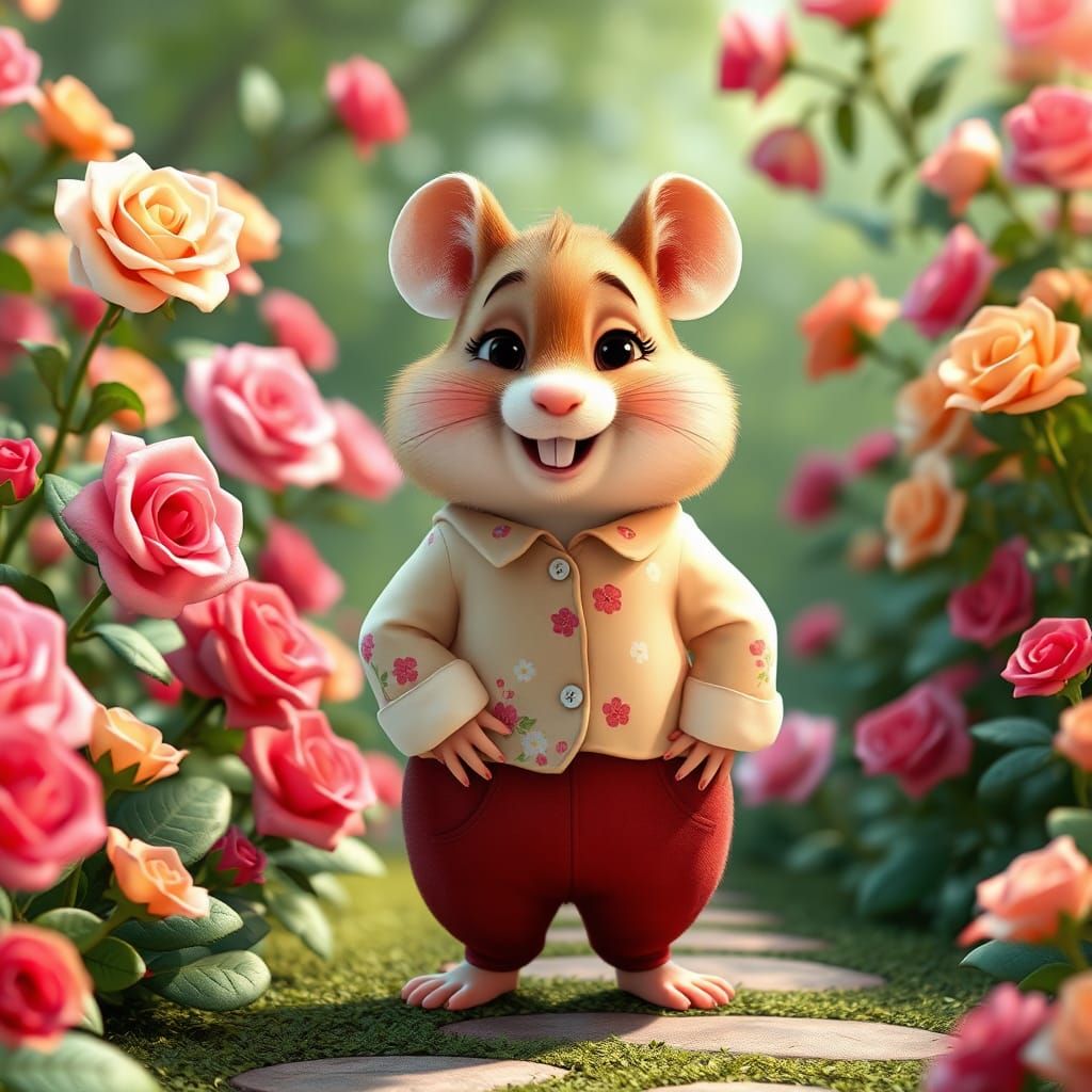 Smiling Hamster in Rose Garden, Pixar Style