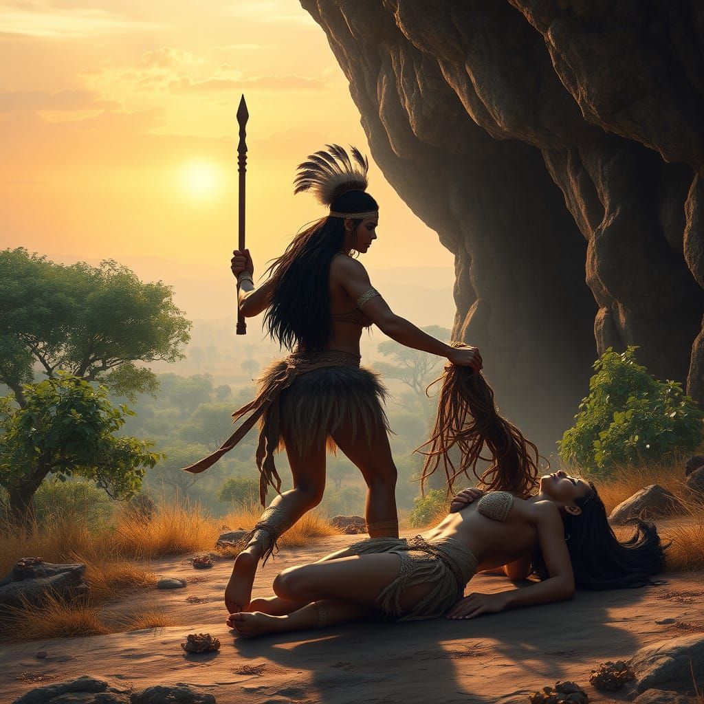 Mystical Cave Warrior Pursues Foe into Golden Savannah