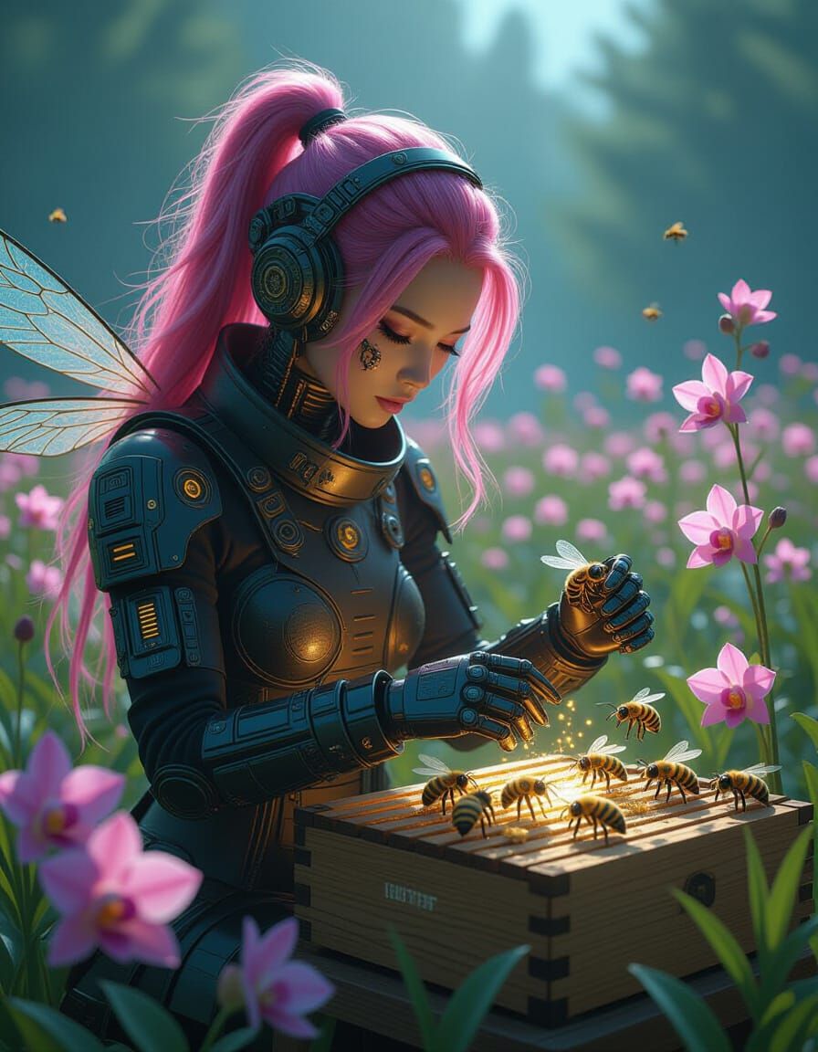 Hmong Cyborg Beekeeper with Mechanical Bees