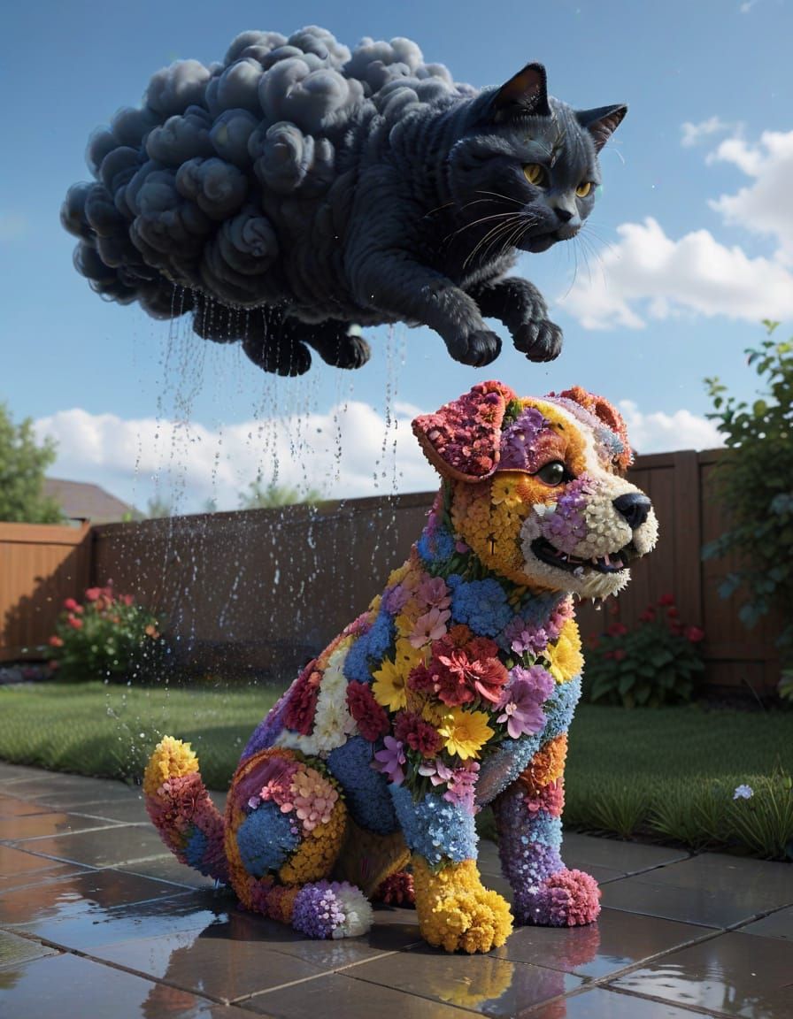Storm Cloud Cat Rains on Flower Dog