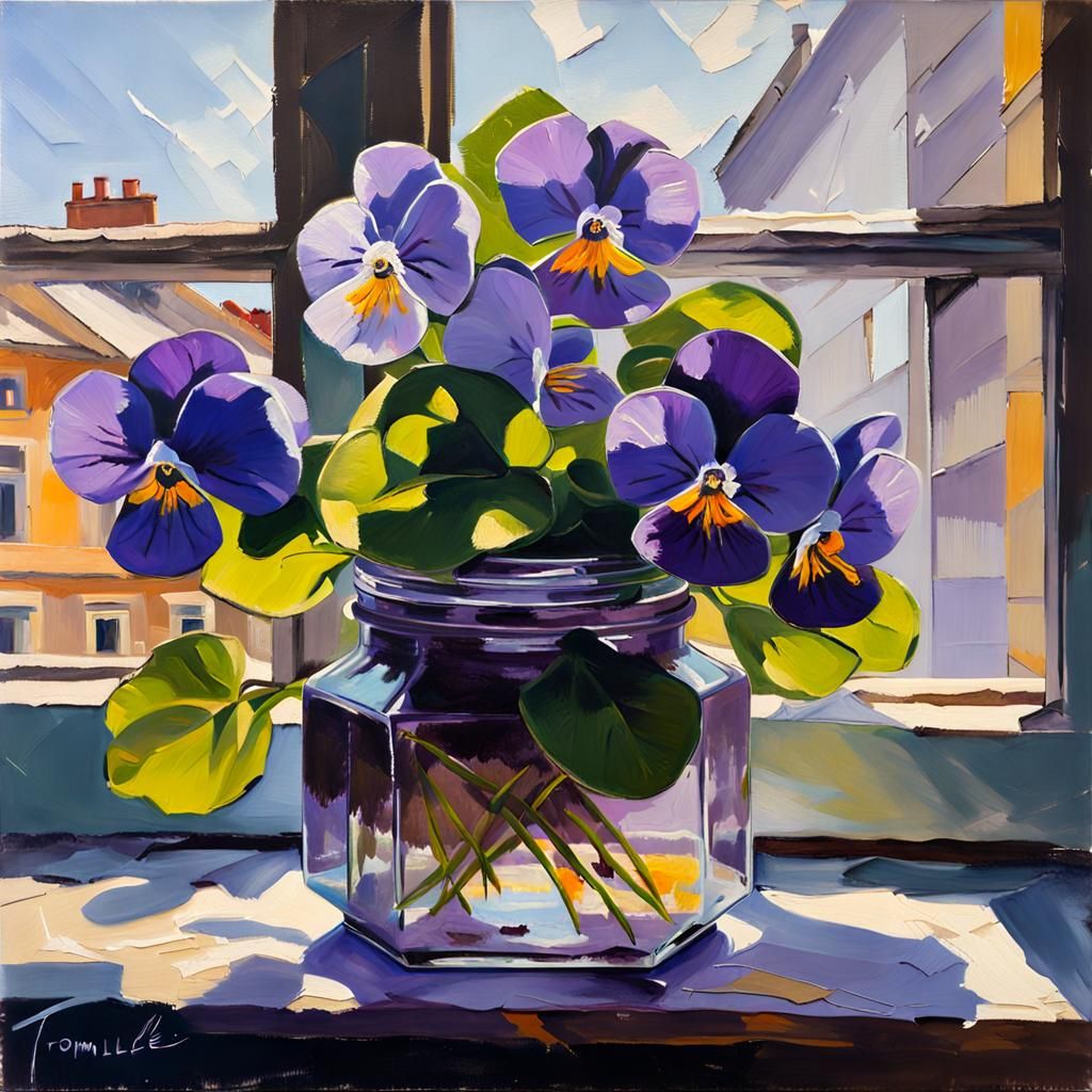 Violets in Glass Jar: Oil Painting with Bold Strokes