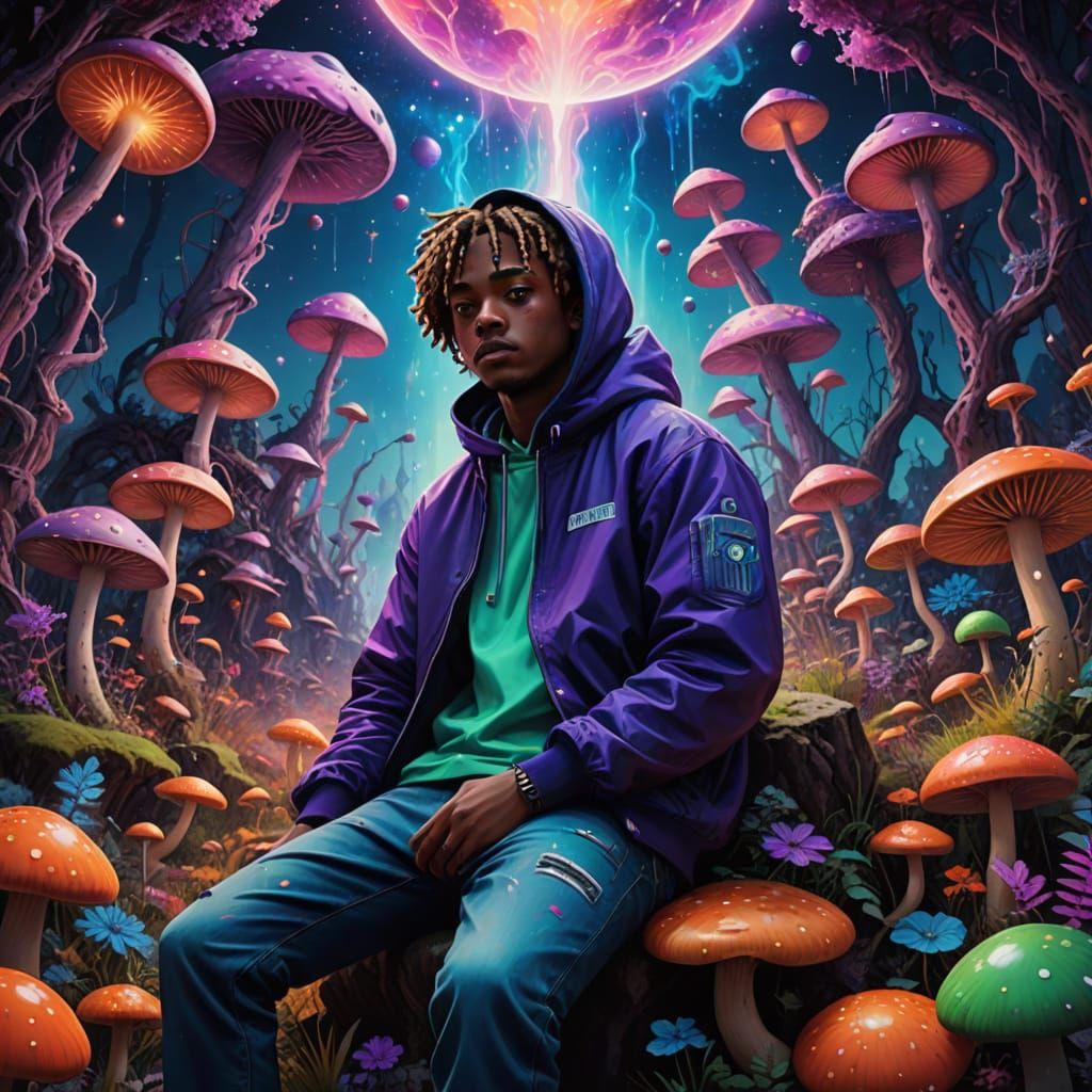 Surreal Psychedelic Scene of Musician in Vibrant Cosmic Drea...