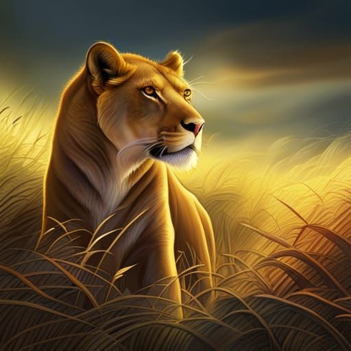Lioness Prowling in African Safari, Detailed Matte Painting