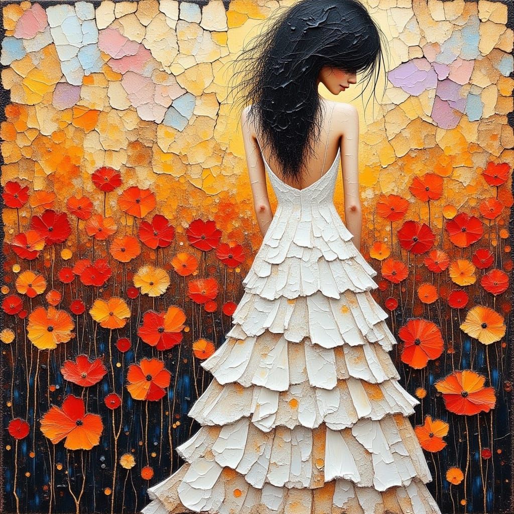 Whispering Bohemian Goddess Amidst Vibrant Poppies in Impast...