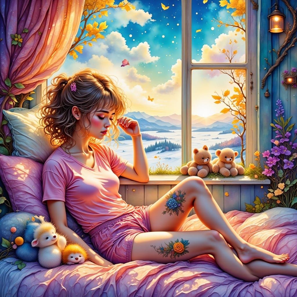 Woman Napping Amidst Snowscape in Lyrical Alcohol Ink Style