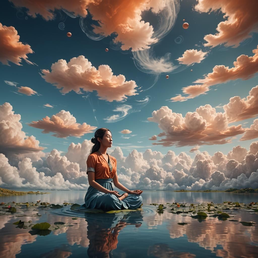 Serene Woman in Dreamlike Cloudscape: Fantasy Art