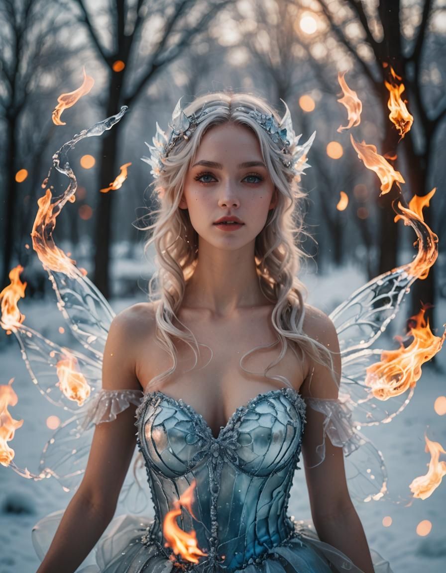 A cute hot fairy nymph hybrid ice cold, fire in the backgrou...