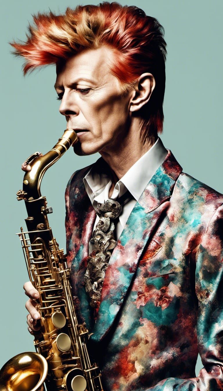 David Bowie, playing the saxophone