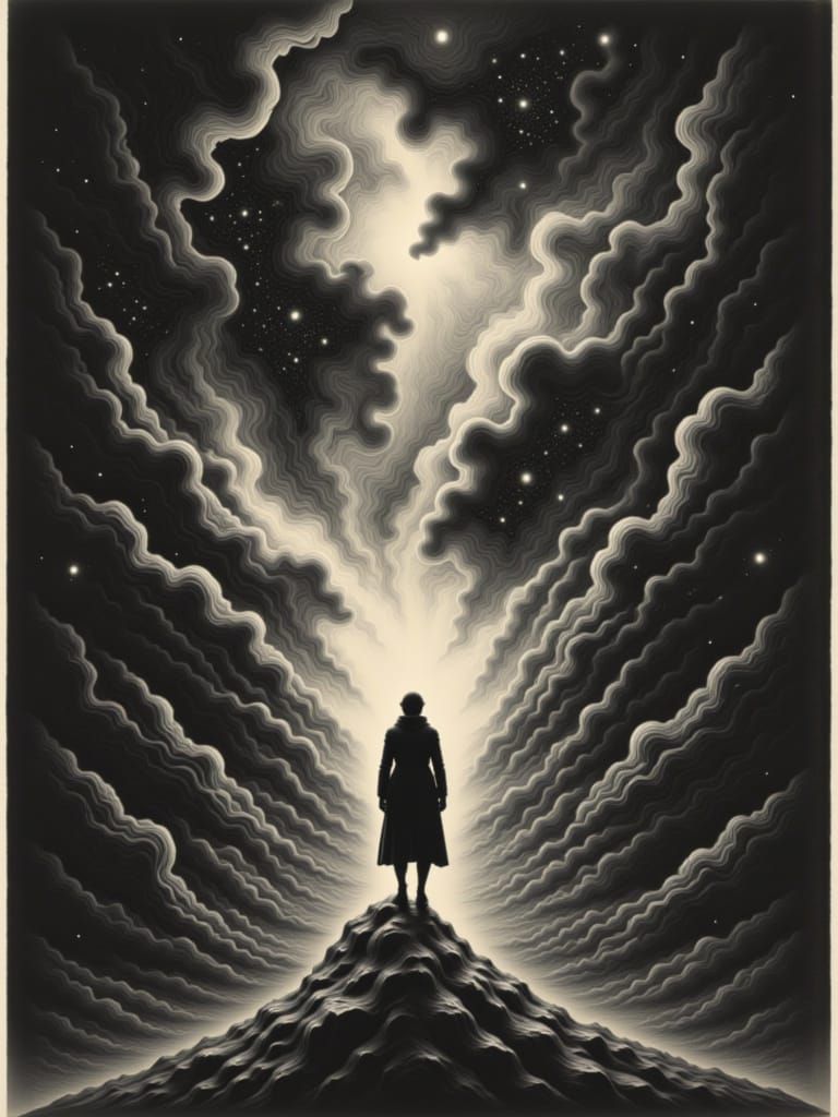 Paltaisnul Silhouetted in Cosmic Nebula, Mezzotint Style