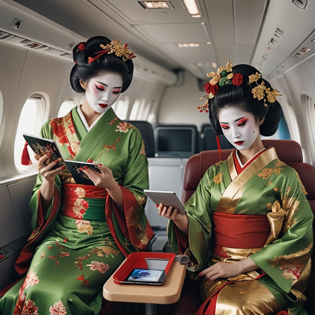 Geishas on Airplane with iPads: Photorealistic Detail
