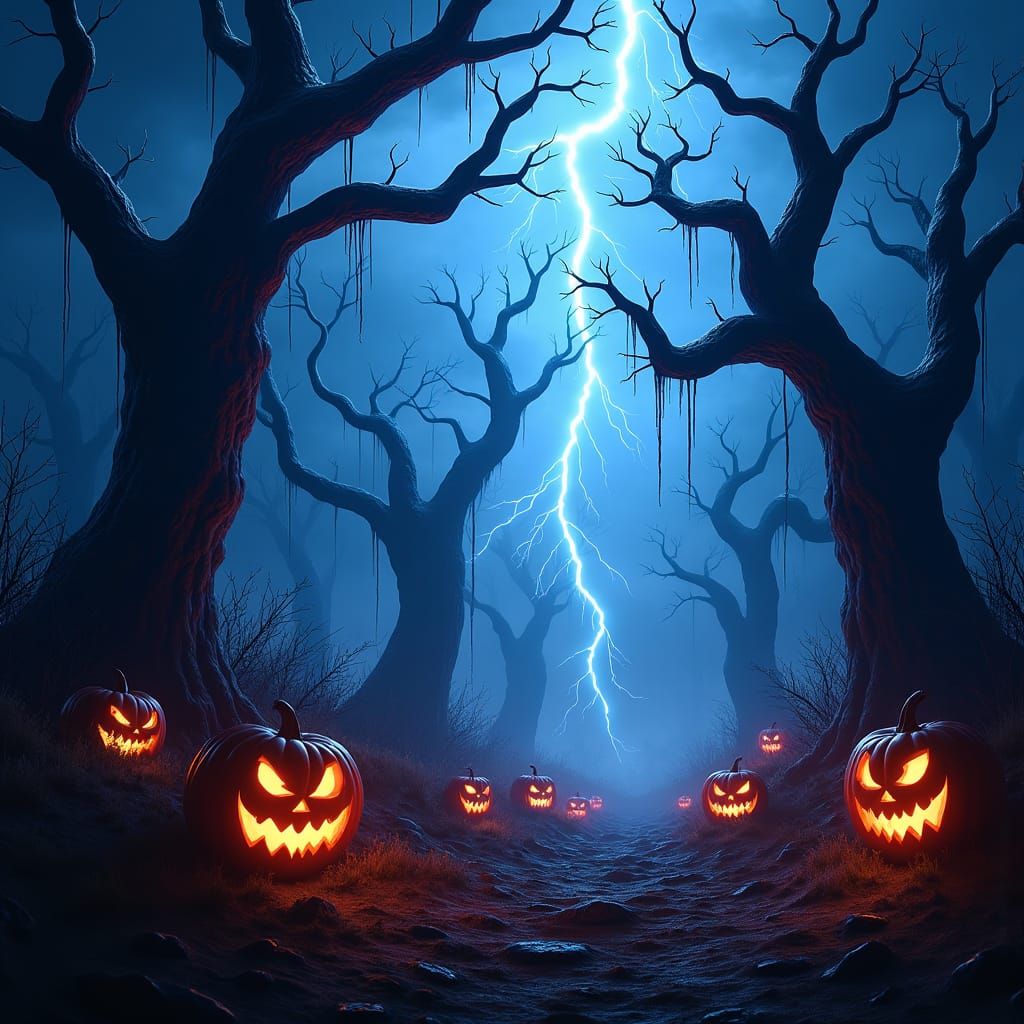 Haunted Halloween Landscape with Lightning, Matte Painting