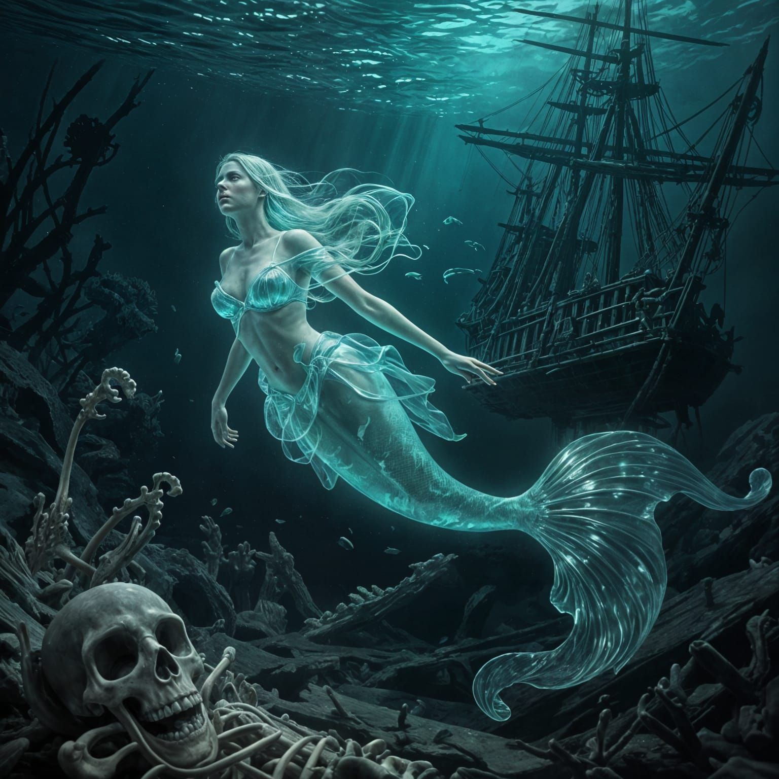 Glowing Glass Mermaid in Sunken Pirate Ship