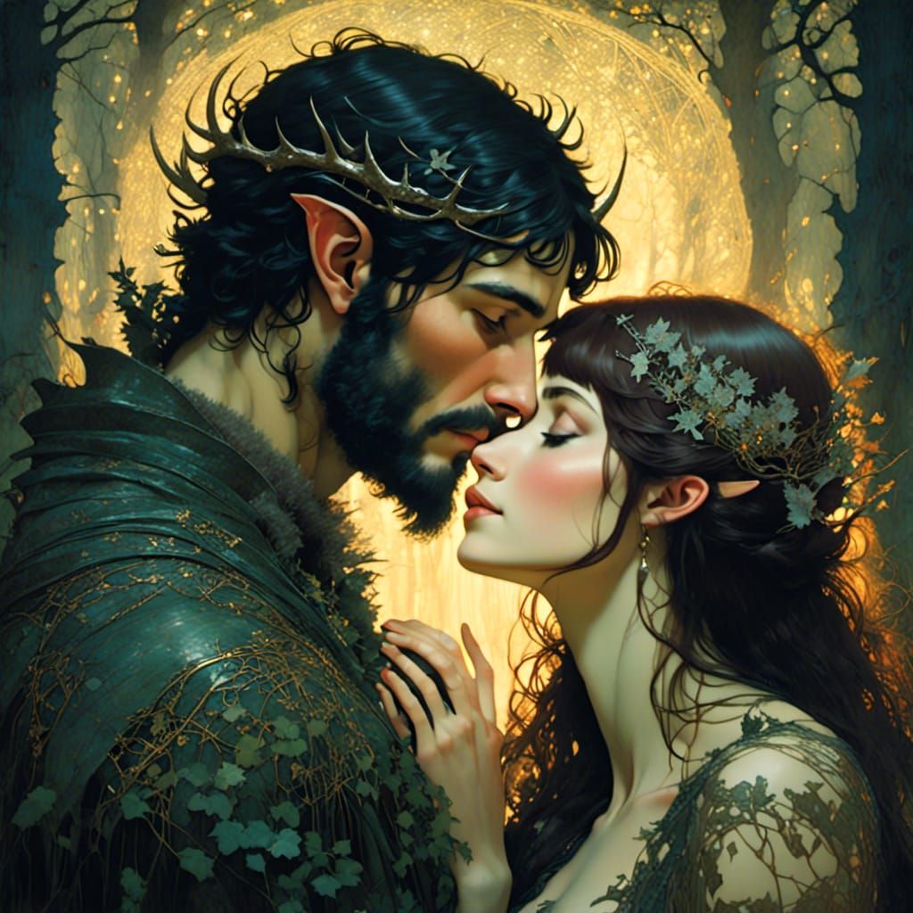 Passionate Embrace in Midsummer Forest, Digital Art