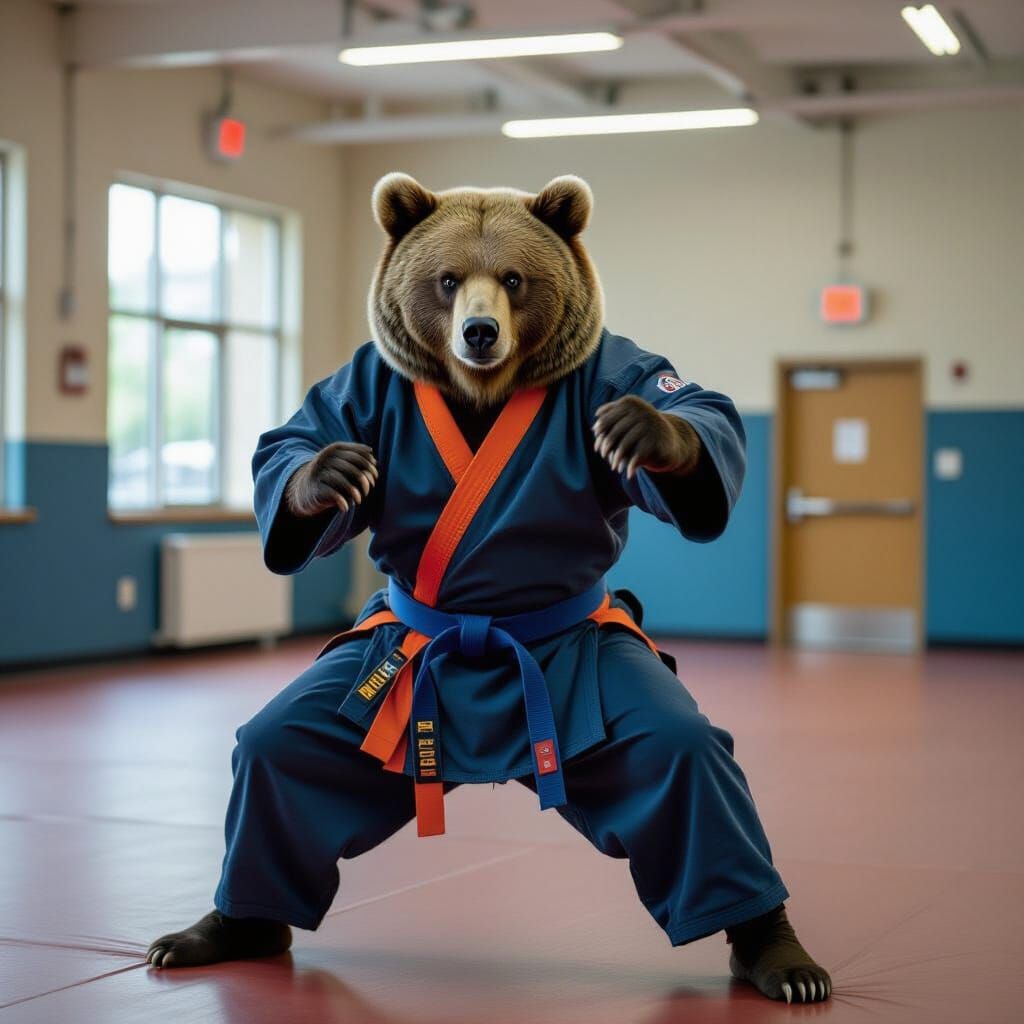 Ninja Bear Performing Kung Fu in Gym