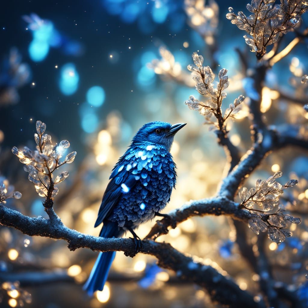 Crystal Tree with Blue Birds in Cinematic Still