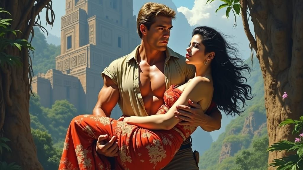 Surreal Adventure Hero Rescues Exotic Woman in Ancient Jungl...