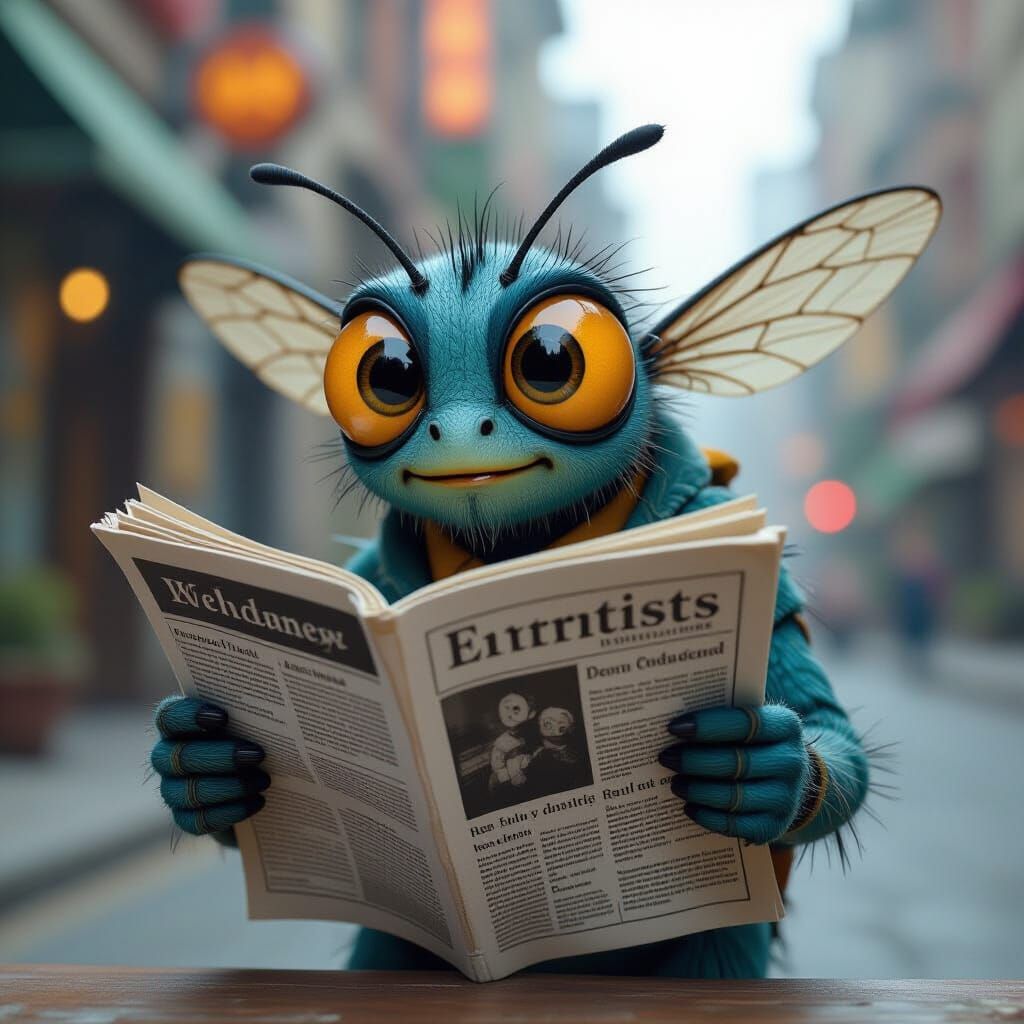 Cartoon Fly Reads Newspaper in Moody, Cinematic Style