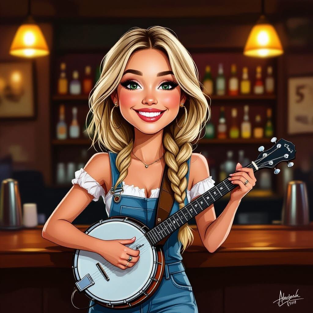 Caricature of Blonde Woman Playing Banjo