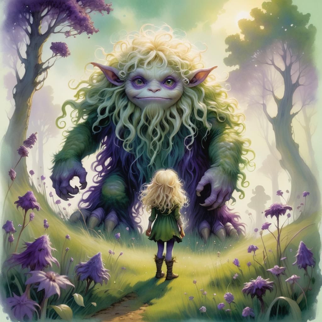 Whimsical Halfling Girl and Purple Monster Illustration