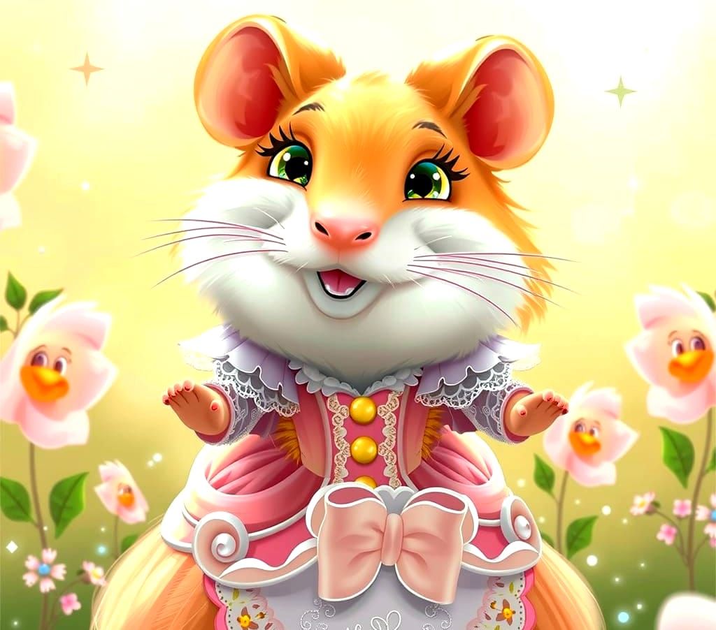 3D Female Hamster in Elegant Gown Smiles Sweetly