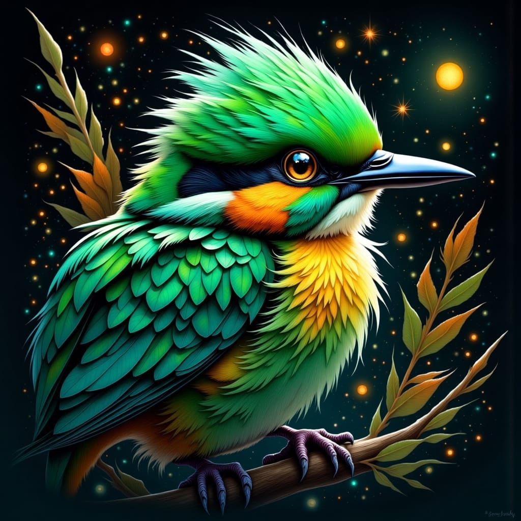 Kingfisher made fantastic Neon Green and Neon Orange feather...