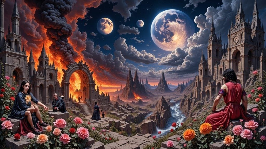 Pilgrims Explore Alien Ruins During Volcanic Eruption