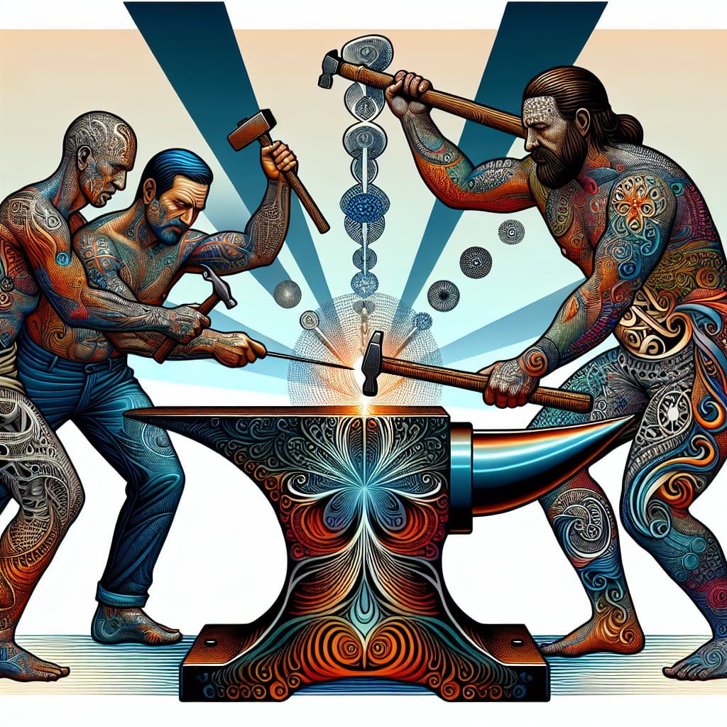 Tattooed Men Hammering Anvil in Abstract Zentangle Design