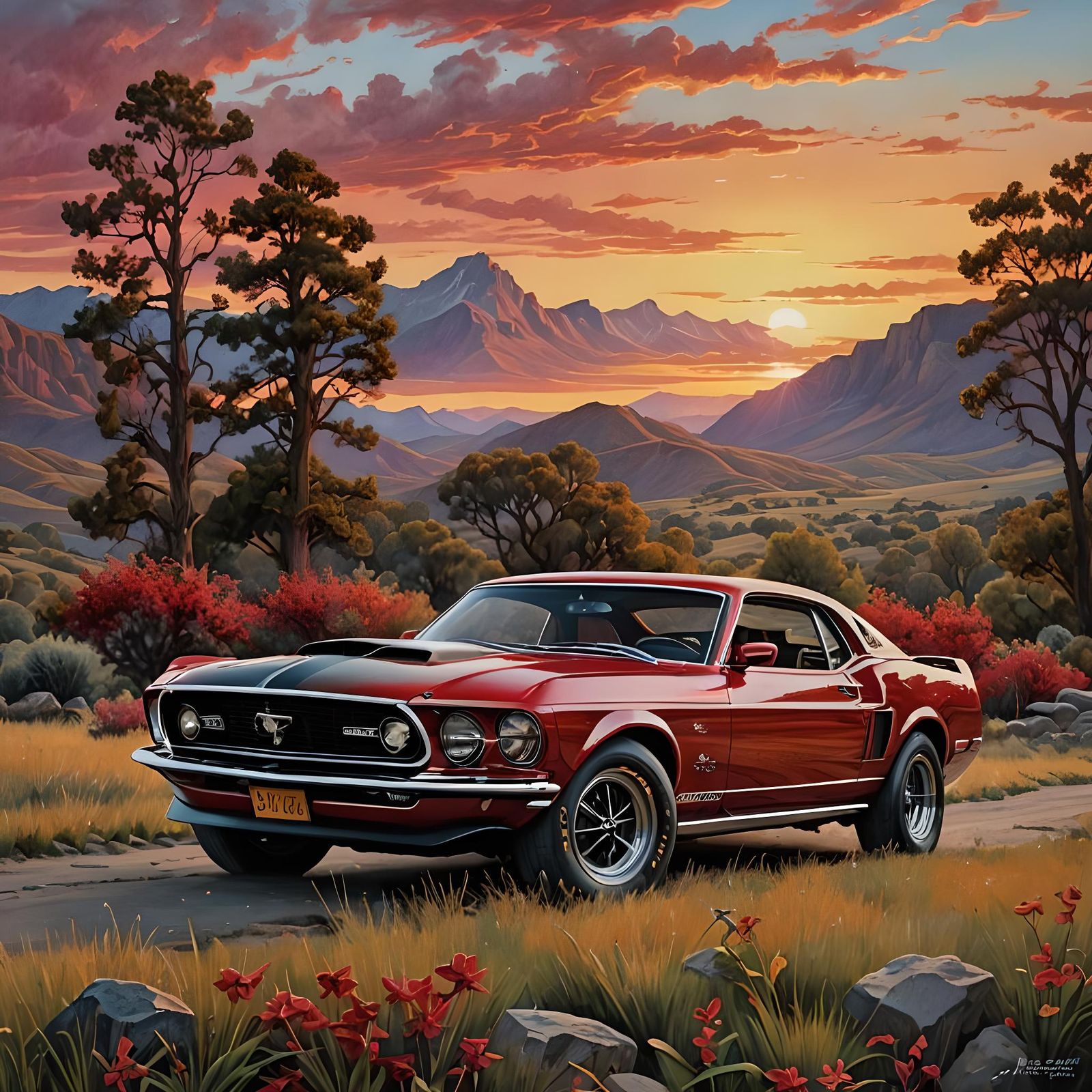 Red 1969 Ford Mustang at Sunset
