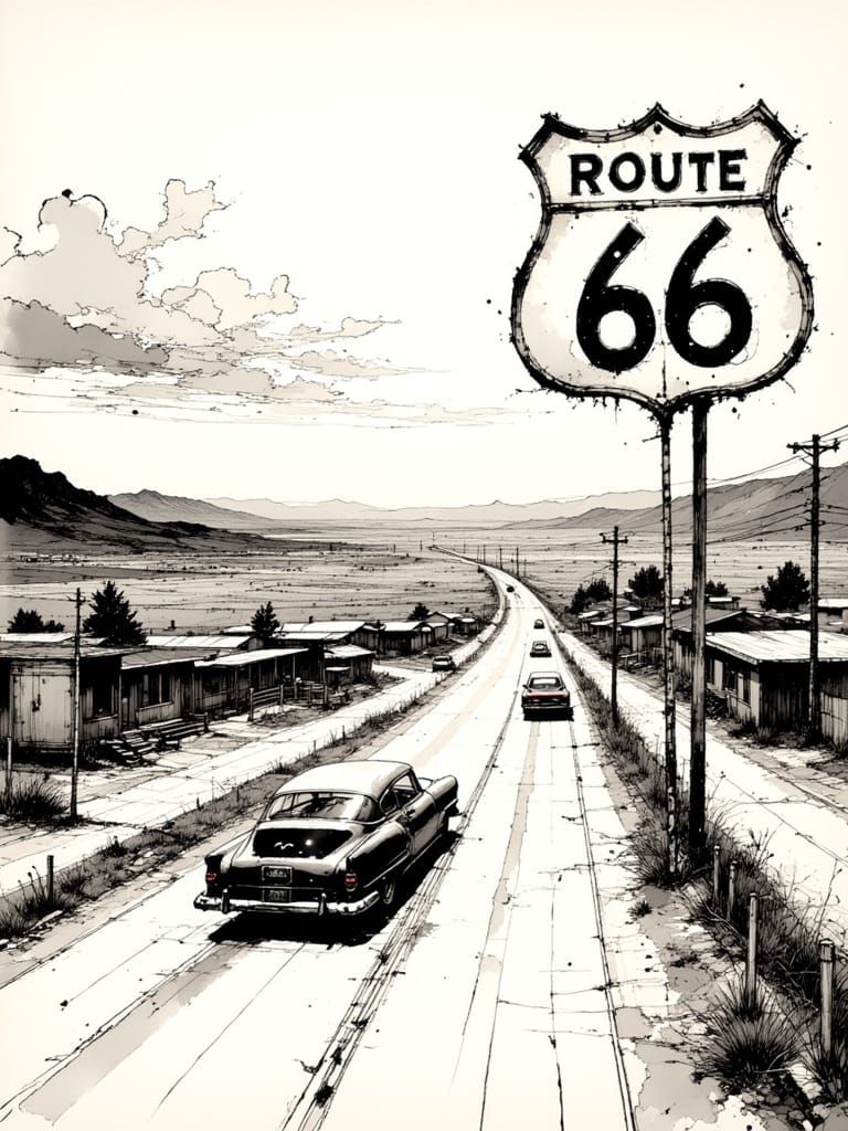 Route 66 Ink Drawing with Vintage Charm