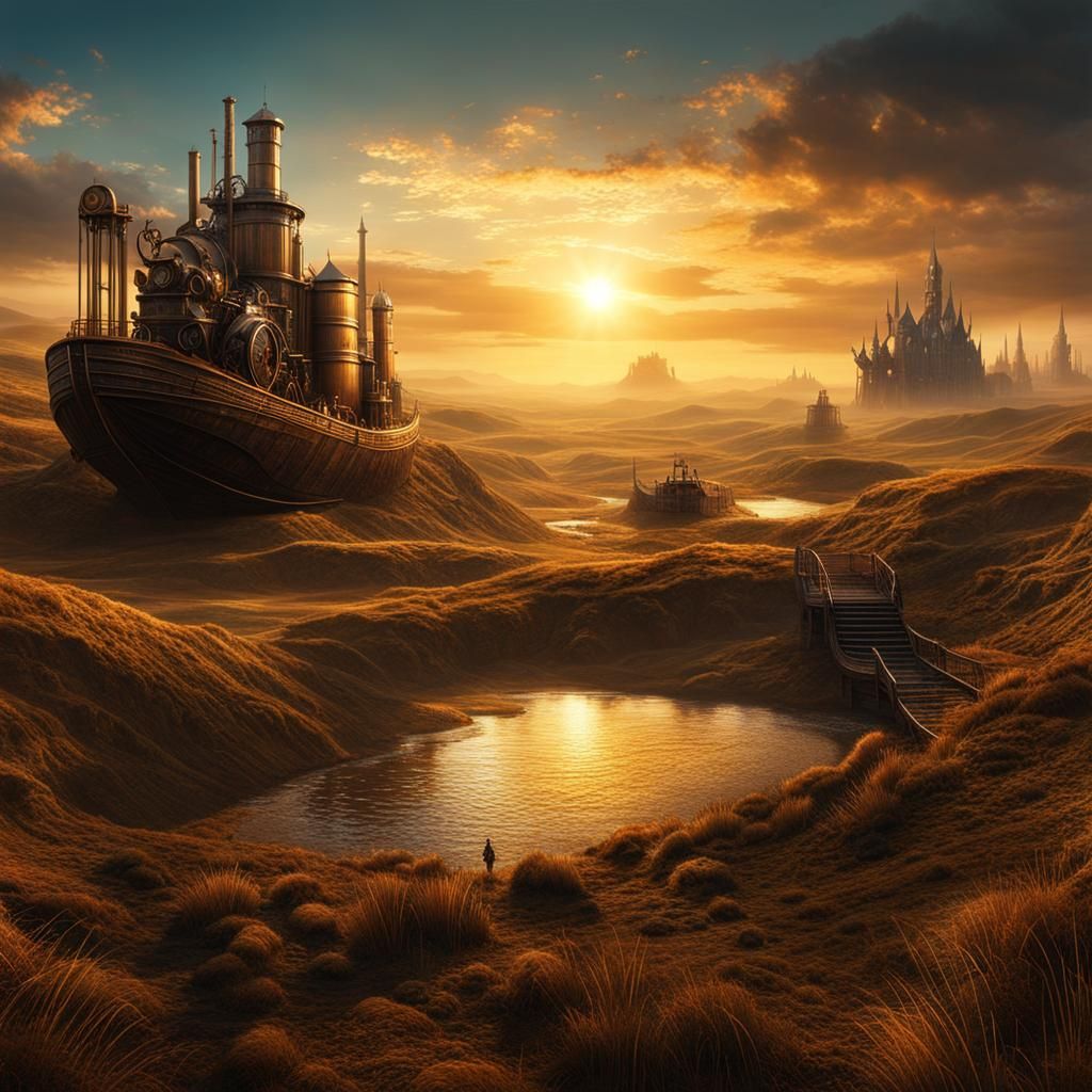 Steampunk Landscape at Golden Hour: Matte Painting