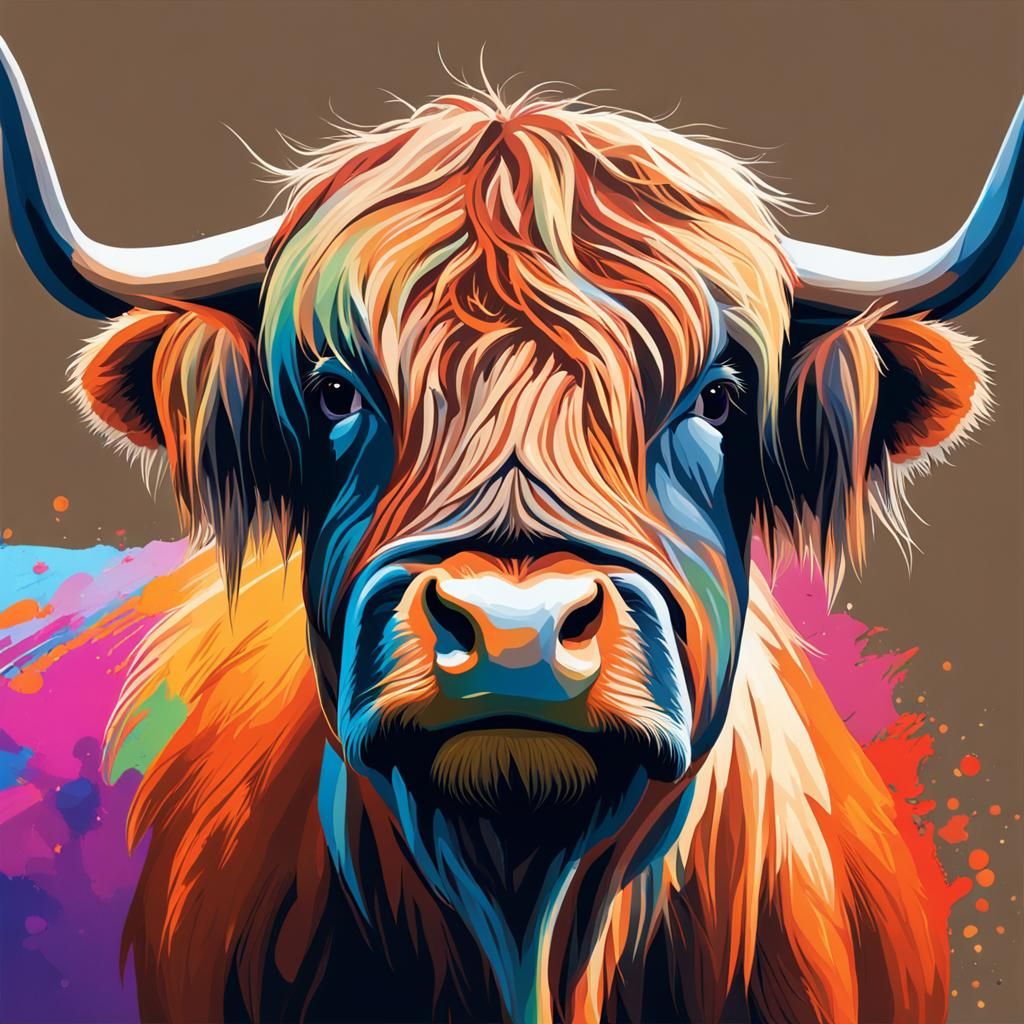 Highland Cow with Dassies: Hyperrealistic Splash Art