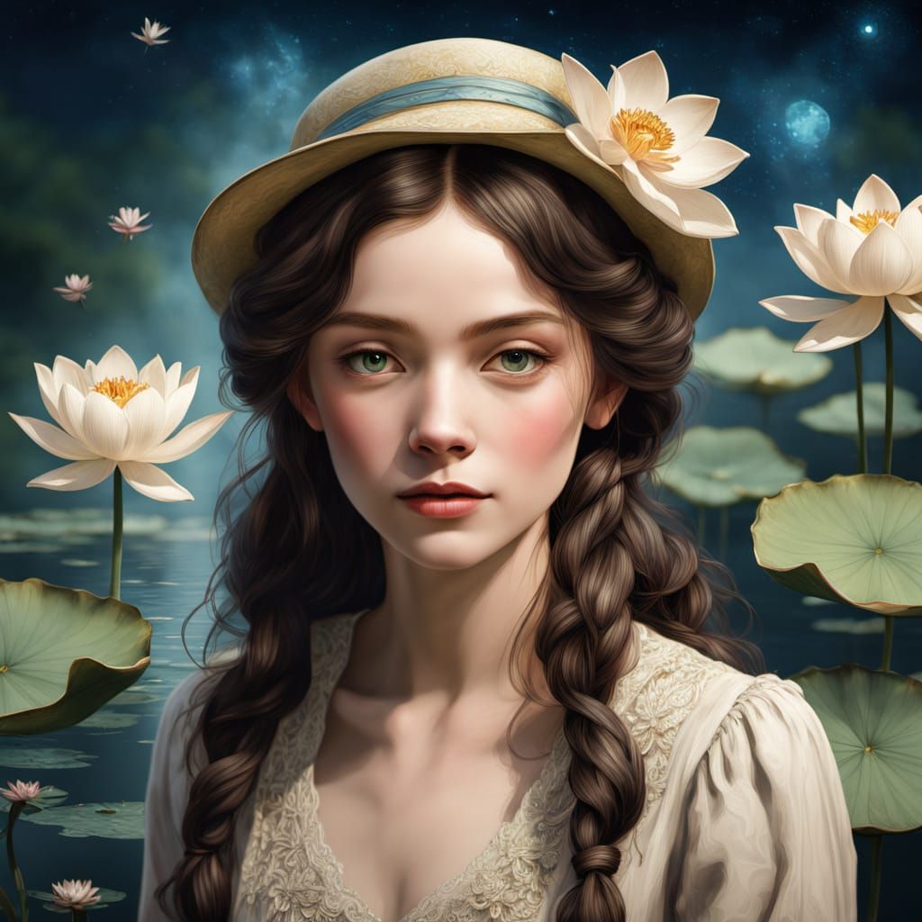 Serene Lotus Garden at Night in Hyperrealistic Style