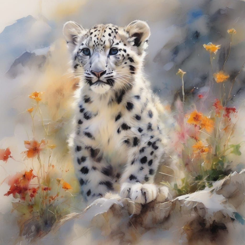 Playful Snow Leopard Cub on Snowy Ledge with Wildflowers