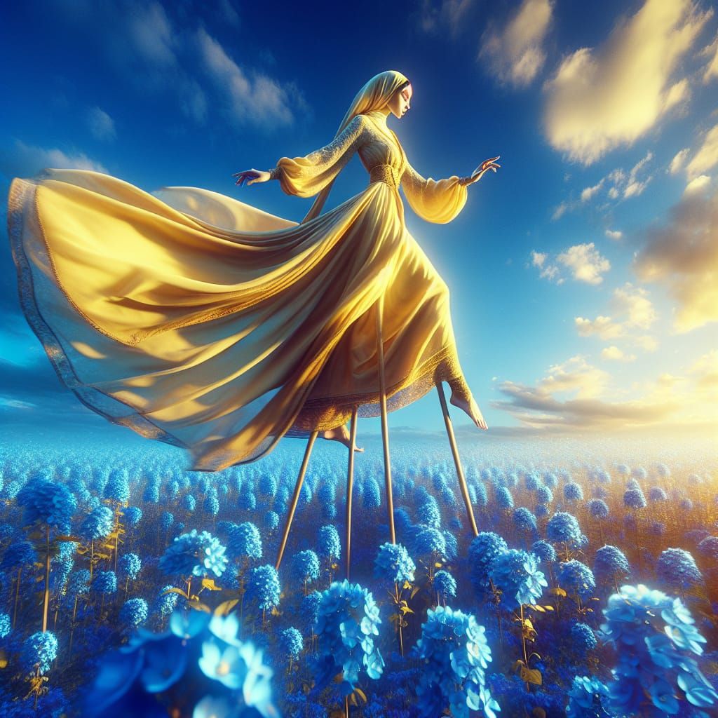 Woman on Stilts in Azure Flower Field, Magic Realism