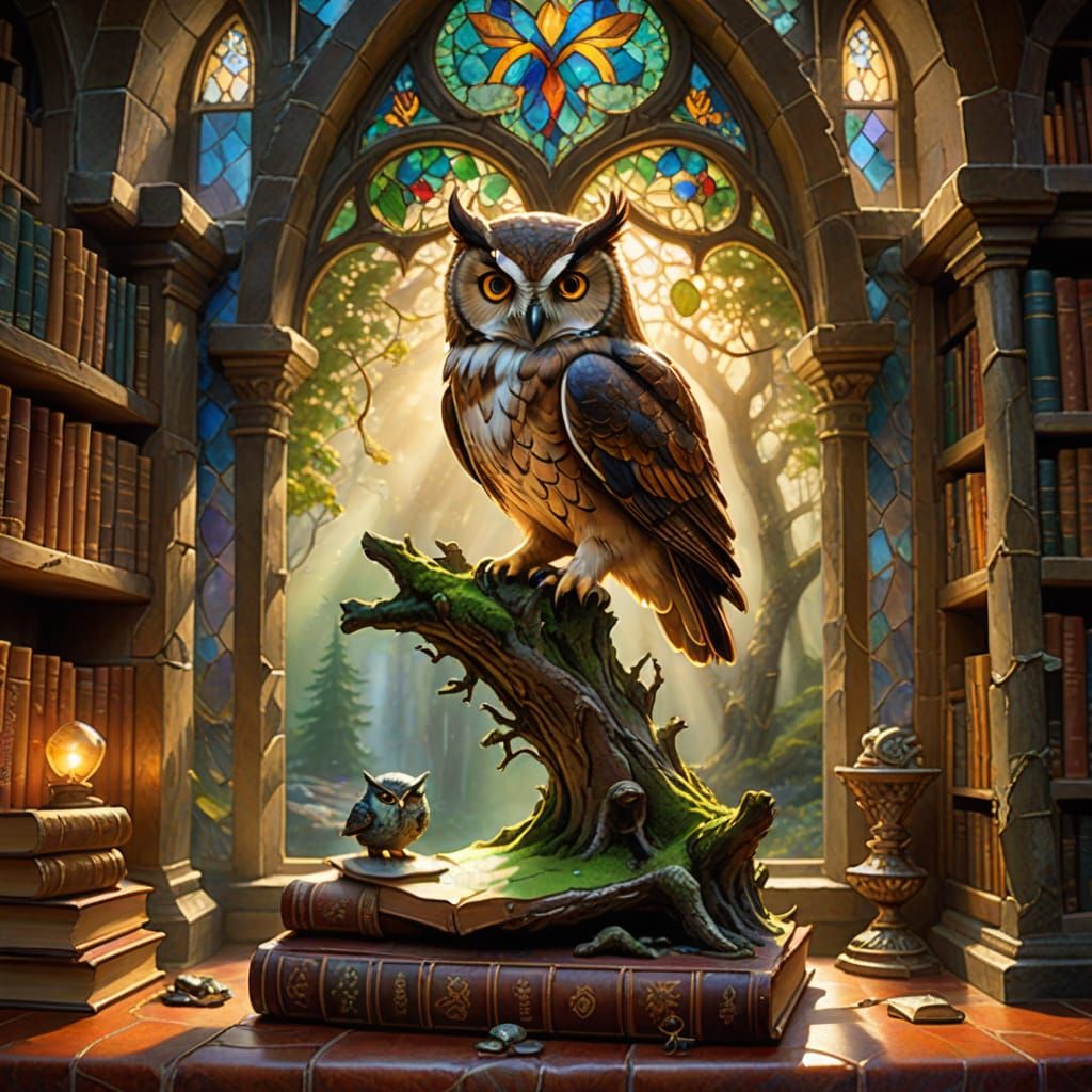 Enchanted Owl Scholar in Misty Library