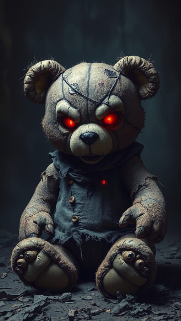 Menacing Old Teddy Bear with Glowing Red Eyes