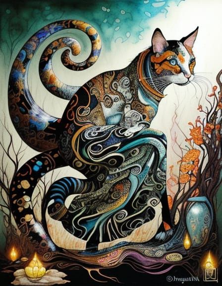 Surreal Cat Flowers Ryukin Goldfish in Pop Art Style