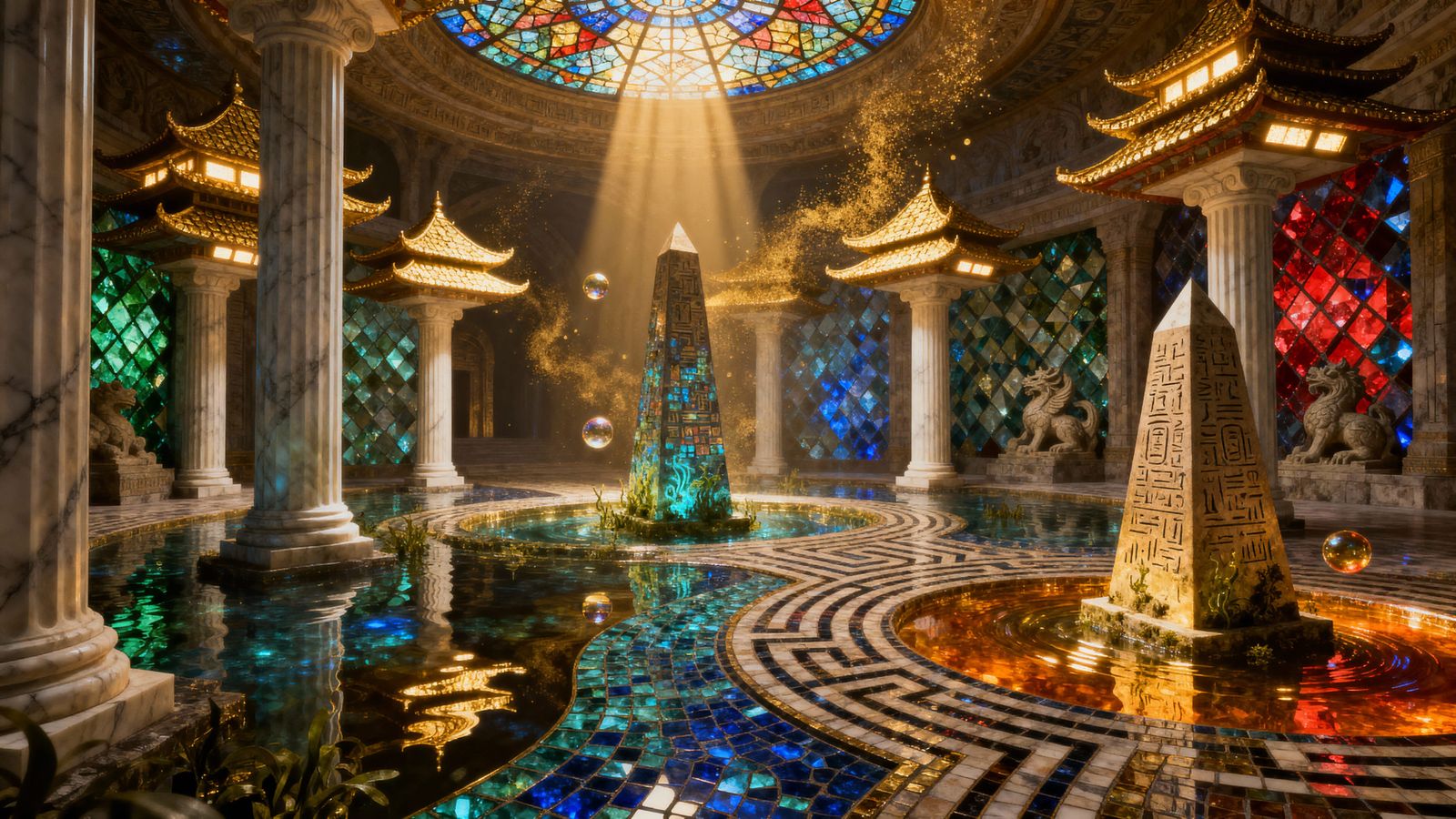 Shimmering Stone Dreamscape with Pagoda Roofs