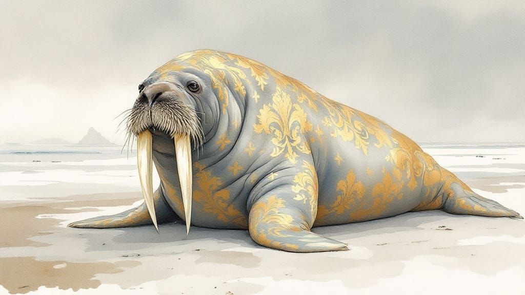 Elegant Walrus King in Golden Regalia on Arctic Shore