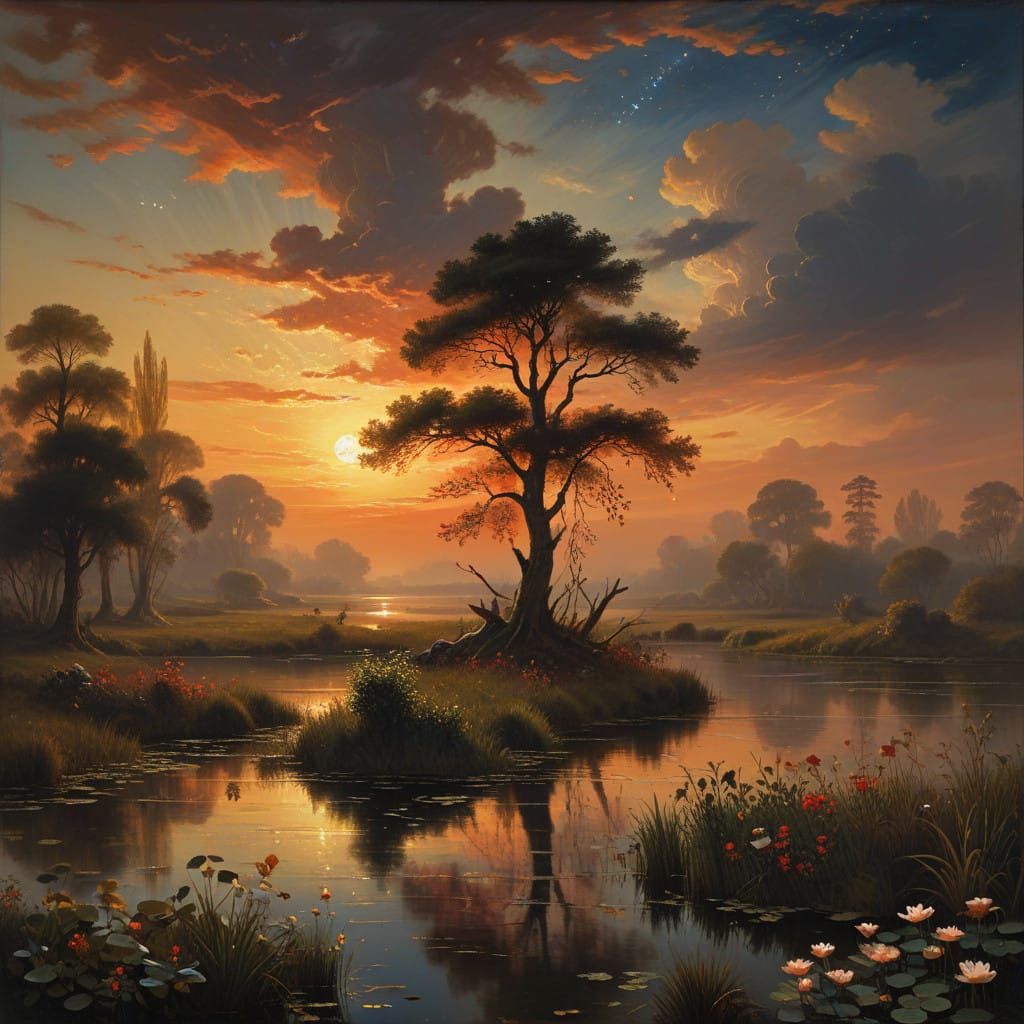 Moonlit Wetland Night Scene in Neoclassical Oil Painting Sty...