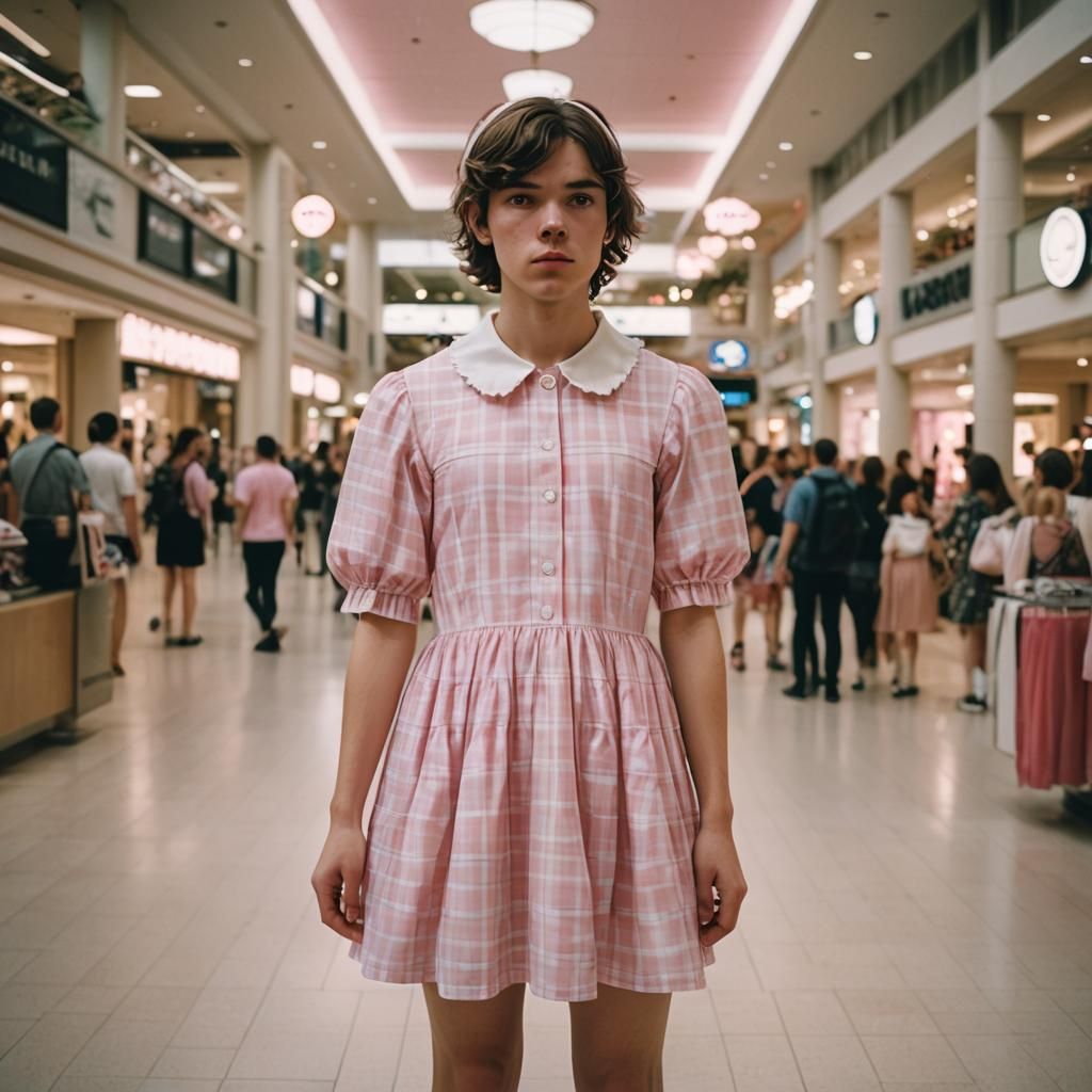 Adolescent Boy in Feminine Attire, Cinematic Film Still