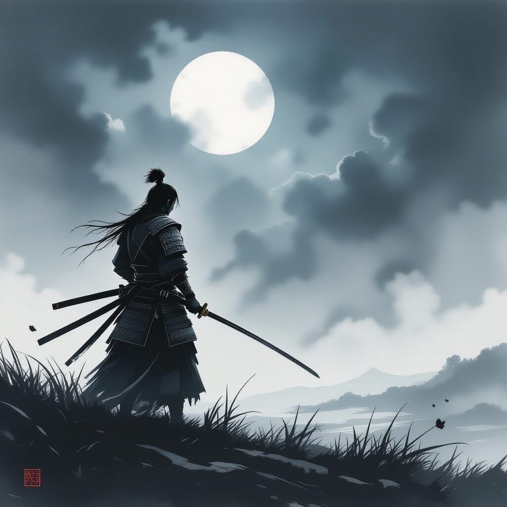 Samurai Warrior on Desolate Battlefield Under Stormy Sky