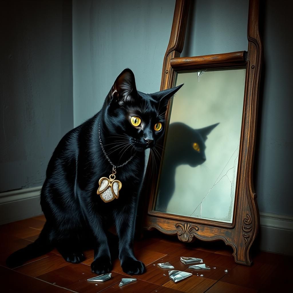 Black Cat's Surreal Reflection in Broken Mirror